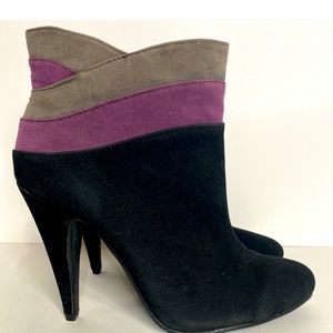 PERFECTO Velour Colorblock Booties Pointed Toe Black Purple Gray 8